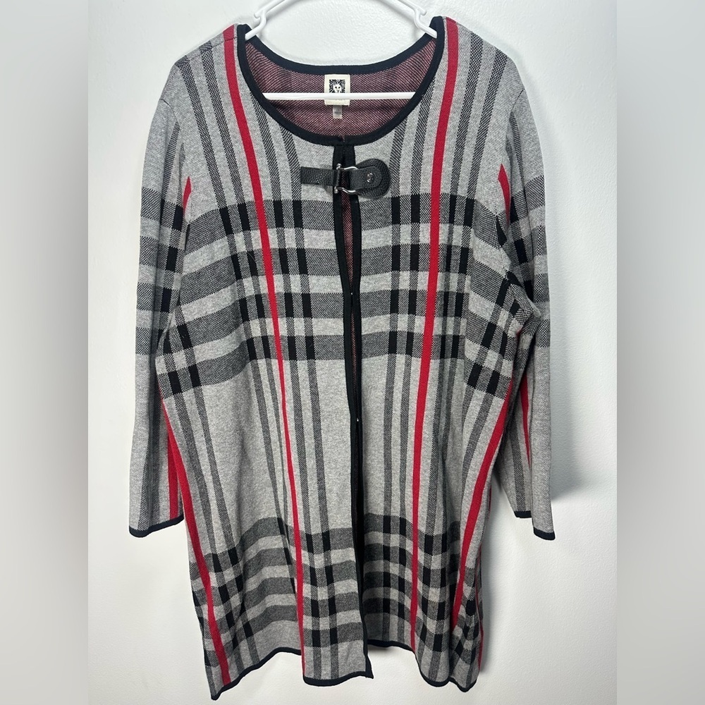 Anne Klein Classic Plaid Open Front Long Cardigan with Buckle Size 2x